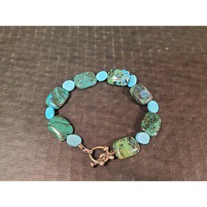 8" Green Rectangle Stone and Faux Turquoise Circle Stoned Toggle Clasp Bracelet